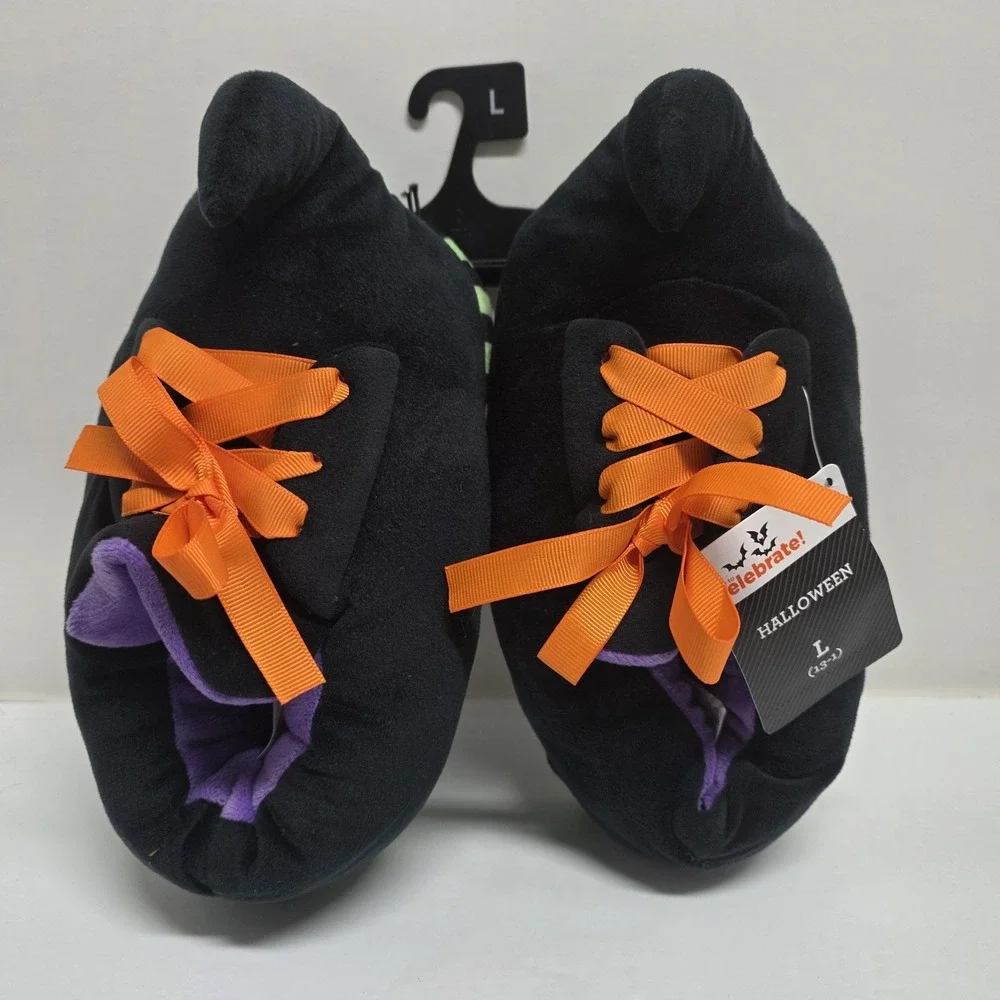 Halloween Witch Slippers Kids Size L 13-1 Black‎ Orange Laces Pointed Toe New